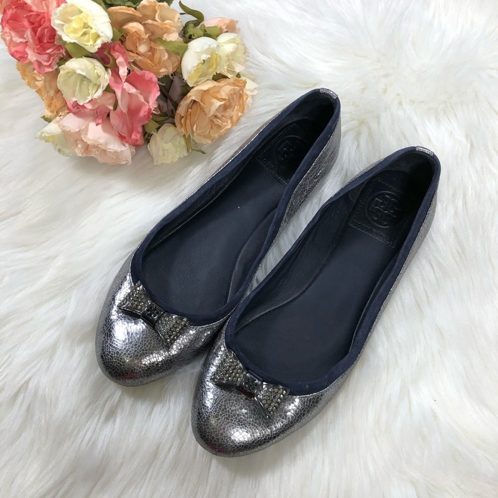 SOLD Tory Burch Rhinestone Bow Silver/Navy Flats